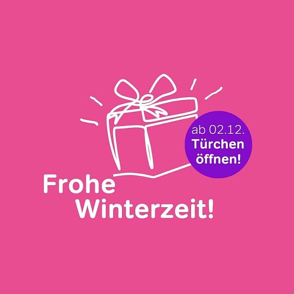 Frohe Winterzeit! Illustration eines Paketes mit einem runden Störer: ab 02.12.2024 Türchen öffnen!